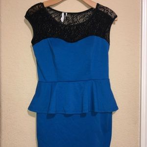 Blue dress with black lace on neck line